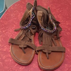 Stevies Brown Fringe Sandals with Beaded Accents